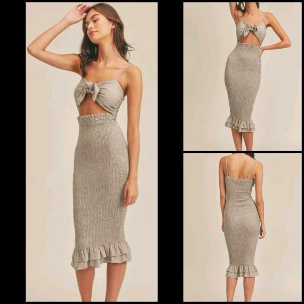 Mable Tie Front Smocked Beige Satin Like Ruffle Mermaid Coquette Midi Dress S